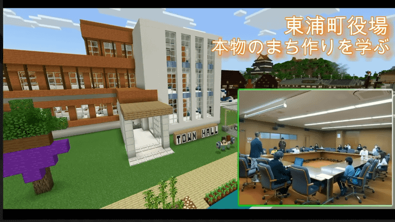 東浦町役場を訪問して課題を調査。住民が家族のように助け合うまちを目指した（出典：マイクラカップ公式YouTube）