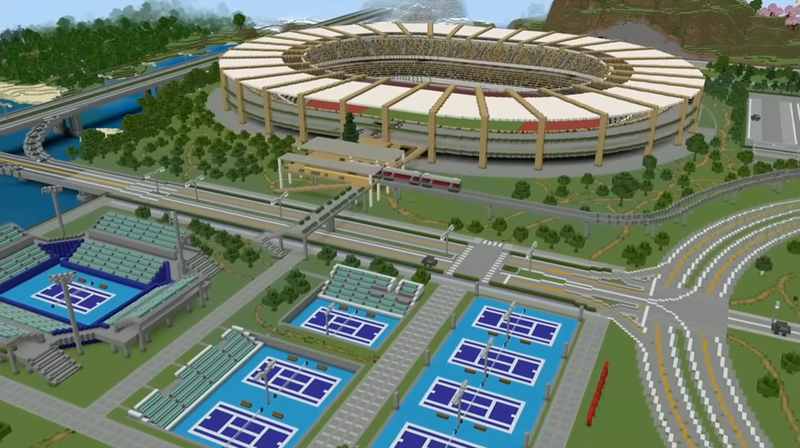 ビルの高さやスタジアムの大きさをできるだけ現実に近づけるよう調整。まちのスケール感を捉えることで、作品の完成度をさらに高めた（出典：マイクラカップ公式YouTube）