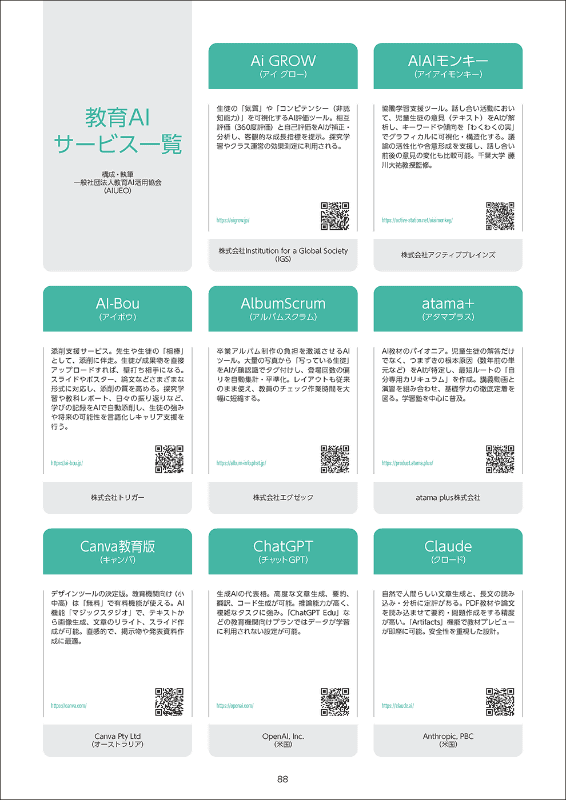 88ページには教育AIサービスの一覧を掲載
