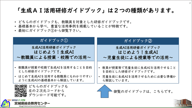 「生成AI活用研修ガイドブック」の種類（出典：宮城県総合教育センター「<a href="https://www.pref.miyagi.jp/documents/64460/ai_guidebook_students_r10a.pdf" class="strong nb" target="_blank">はじめよう！生成AI～児童生徒による授業等での活用～</a>」）