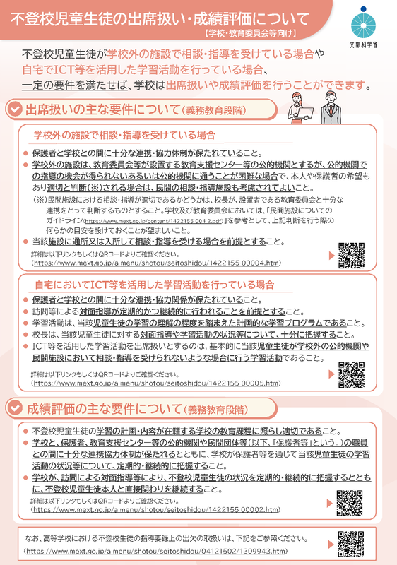 不登校児童生徒の出席扱い・成績評価について【学校・教育委員会向け】（出典：<a href="https://www.mext.go.jp/content/20260407-mxt_jidou01-000028870-001.pdf">文部科学省</a>）