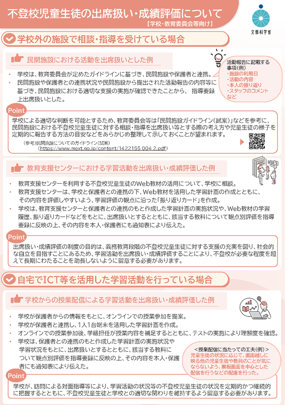 不登校児童生徒の出席扱い・成績評価について【学校・教育委員会向け】（出典：<a href="https://www.mext.go.jp/content/20260407-mxt_jidou01-000028870-001.pdf">文部科学省</a>）