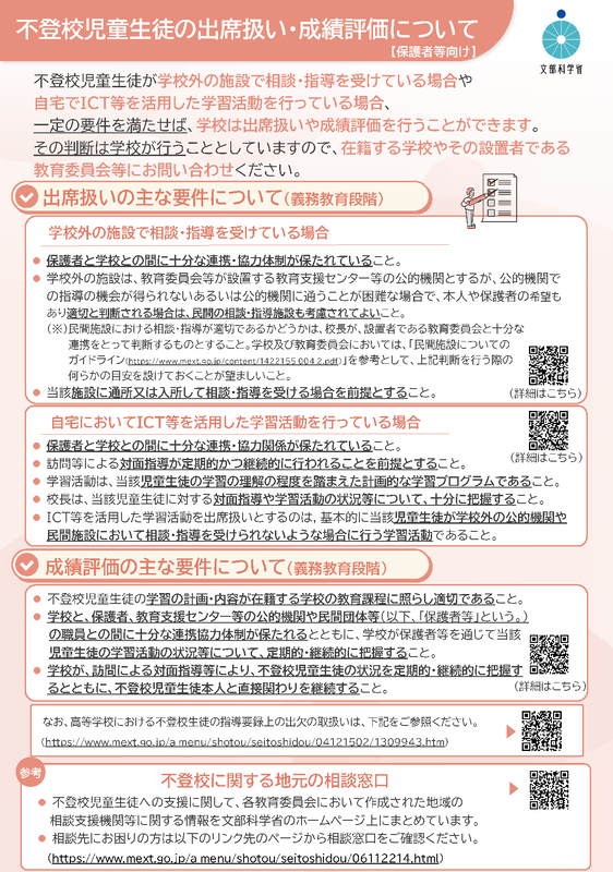 不登校児童生徒の出席扱い・成績評価について【保護者向け】（出典：<a href="https://www.mext.go.jp/content/20260407-mxt_jidou01-000028870-002.pdf">文部科学省</a>）