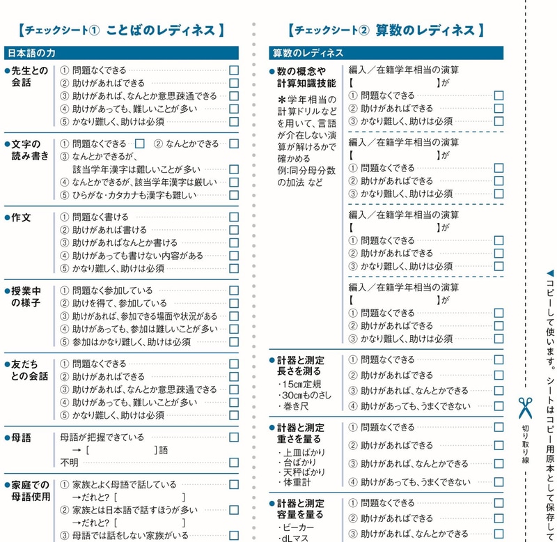 子供の「これができる」を把握できる「ことばと算数のチェックシート」（一部）