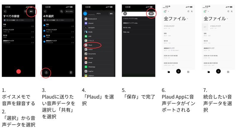 iPhoneのボイスメモで録音した音声データをPlaudに取り込み、統合し、無音部分を削除するまでの手順（画像：筆者提供）