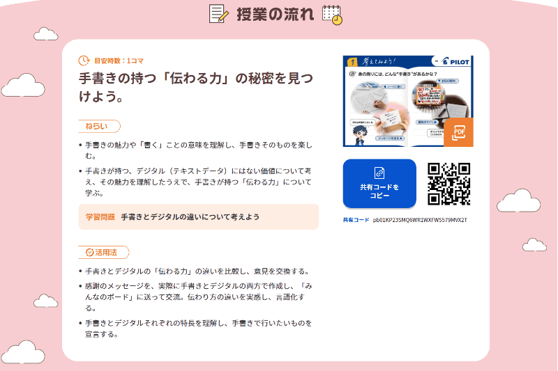 授業の流れ（出典：特設サイト「<a href="https://bso.benesse.ne.jp/miraiseed/fansite/kigyou_collabo/case/pilot/" class="strong nb" target="_blank">『手書き』のチカラ―手書きがもつ『伝わる力』の秘密を見つけよう―</a>」より）