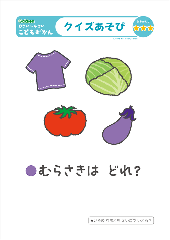 「○○はどっち？」「かずはいくつ？」「むらさきはどれ？」などのクイズを用意。子供が興味を持ったときに出題できる「おまけの質問」も掲載している