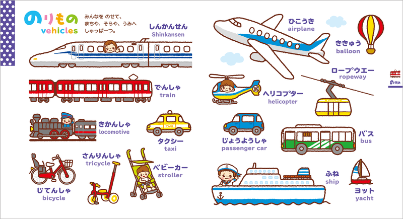 『0さい～4さい こどもずかん英語つき 改訂バージョン ＜英語の読みがななし＞』（電子版）の「のりもの」ページ
