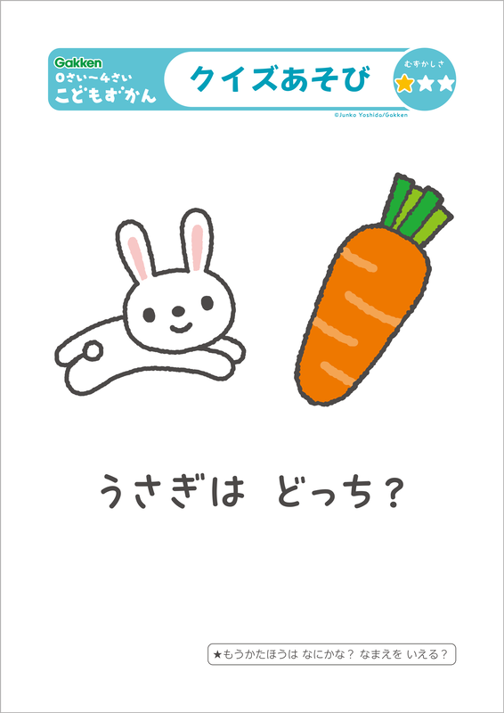「○○はどっち？」「かずはいくつ？」「むらさきはどれ？」などのクイズを用意。子供が興味を持ったときに出題できる「おまけの質問」も掲載している