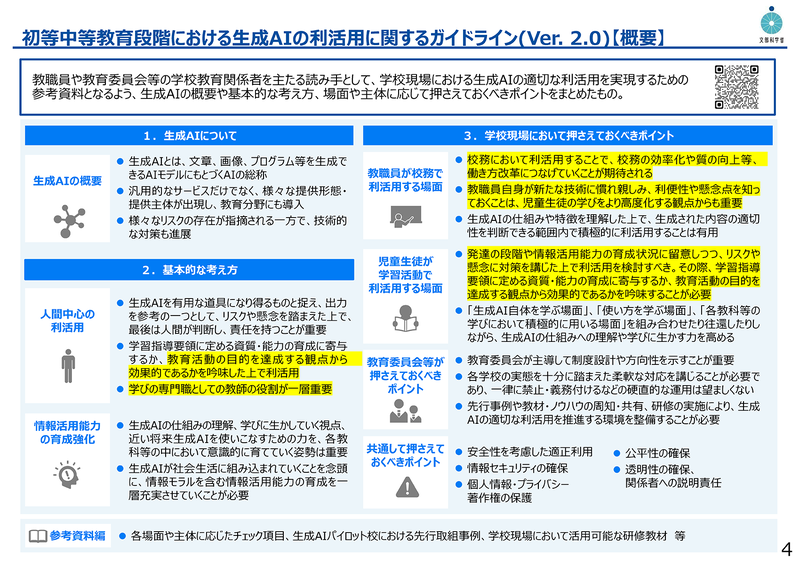初等中等教育段階における生成AIの利活用に関するガイドライン(Ver. 2.0)【概要】（出典：文部科学省「<a href="https://www.mext.go.jp/content/20260430-kyoikushokuin-000049466_1-1.pdf" class="strong nb" target="_blank">学校教育におけるAI活用に関するこれまでの取組</a>」）