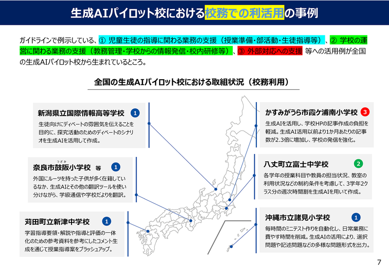 生成AIパイロット校における校務での利活用の事例（出典：文部科学省「<a href="https://www.mext.go.jp/content/20260430-kyoikushokuin-000049466_1-1.pdf" class="strong nb" target="_blank">学校教育におけるAI活用に関するこれまでの取組</a>」）