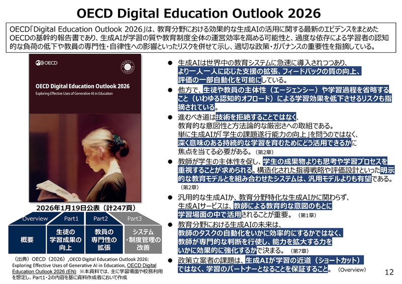 OECD Digital Education Outlook 2026（出典：文部科学省「<a href="https://www.mext.go.jp/content/20260430-kyoikushokuin-000049466_1-1.pdf" class="strong nb" target="_blank">学校教育におけるAI活用に関するこれまでの取組</a>」）