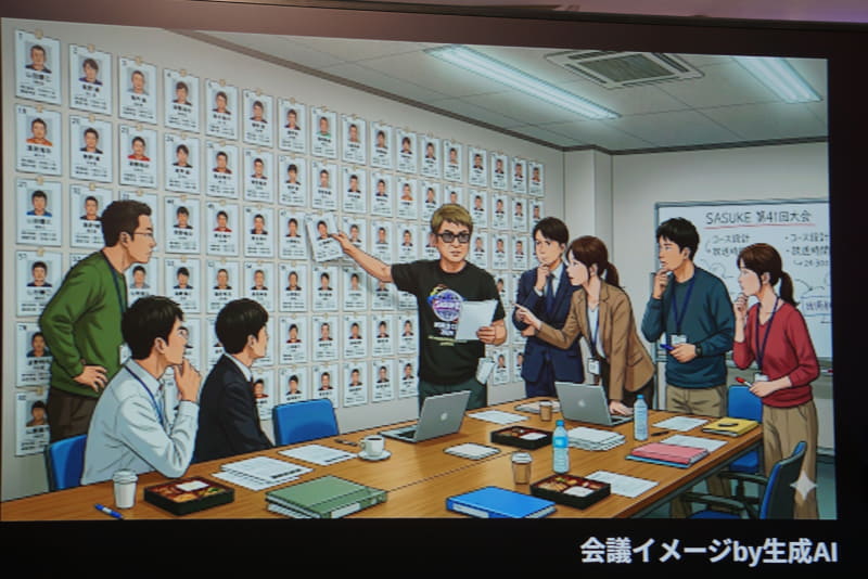 「SASUKE」の出場者を並べた制作会議のイメージ。ゼッケン番号を決める際は、現在も出場者情報を紙で出力し、壁に貼りながら構成を検討しているという