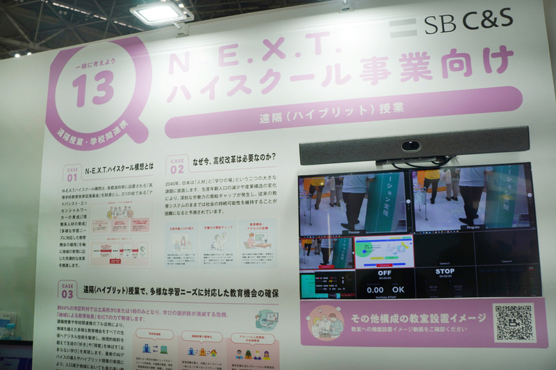 N.E.X.T.ハイスクール向け遠隔（ハイブリッド）授業ソリューションの展示。複数のカメラの画像を表示するモニターと、マイク＋カメラ＋スピーカー