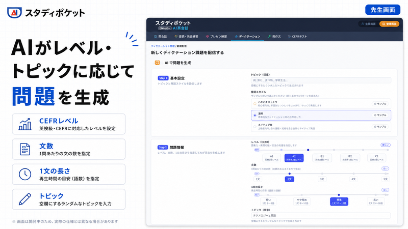 トピックや発話スタイル、CEFRレベル、文の数、1文あたりの長さなどから課題を作成可能