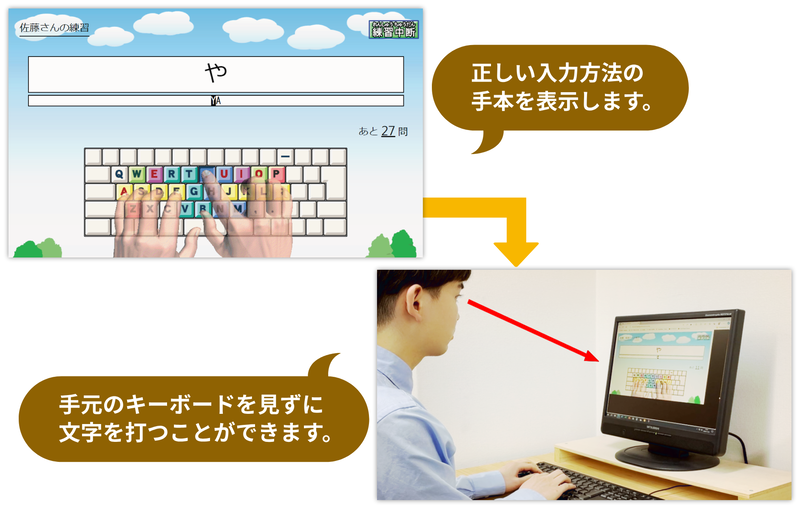 正しい文字入力の手本を見ながら練習できる
