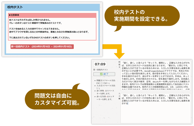 練習終了時に入力速度や誤字の数などを自動で瞬時に採点