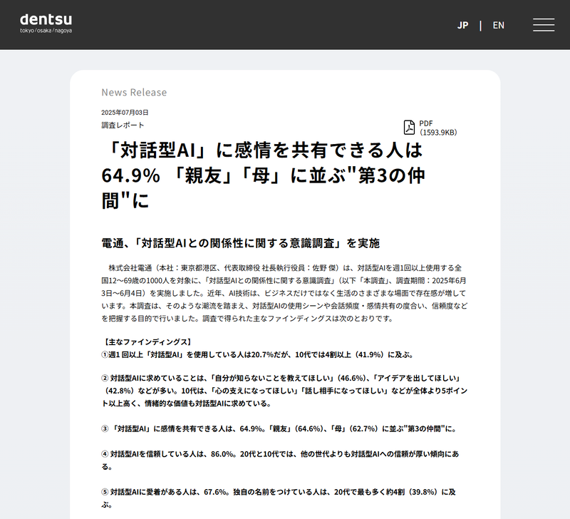 「対話型AI」に感情を共有できる人が64.9％に（出典：<a href="https://www.dentsu.co.jp/news/release/2025/0703-010908.html" class="strong nb" target="_blank">「『対話型AI』に感情を共有できる人は64.9％ 『親友』『母』に並ぶ"第3の仲間"に」</a>株式会社電通）