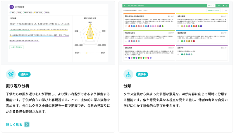子供たちの振り返りをAIが評価する「振り返り分析」と、クラスの意見をAIが分類する「分類」機能