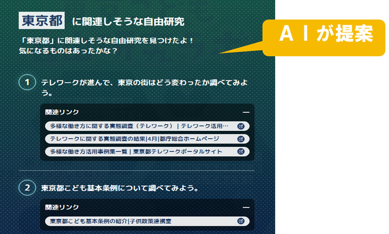 入力したキーワードに関連するテーマや関連リンクが表示される