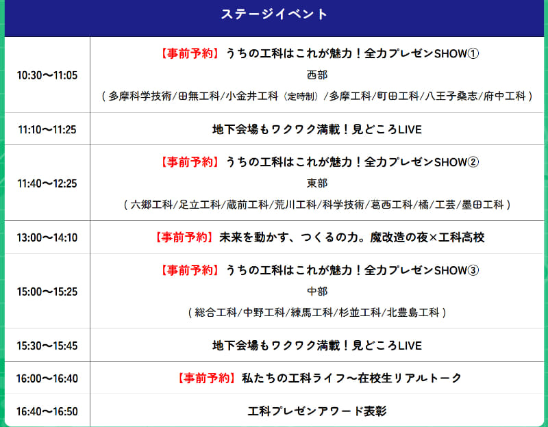 ステージイベントのスケジュール（出典：「都立工科高校ドリーム・フェスタ2026」公式サイトより）