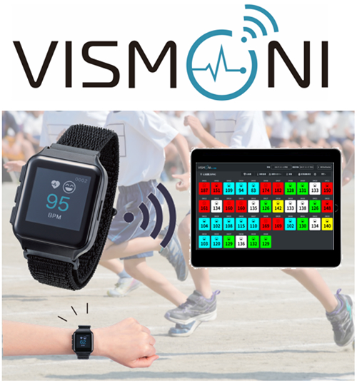 VISMONIで提供されるリストバンド型センサーと、児童生徒の心拍数を一覧表示したモニター画面（出典：沖電気工業株式会社、以下同じく）