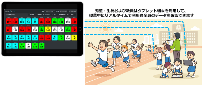 タブレット端末などでリアルタイムにデータを確認でき、運動量を確認しながら授業を進められる