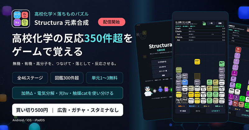 合同会社SNAPLACEが、高校化学の無機・有機・高分子の反応を落ちものパズルで覚えるスマートフォンアプリ『Structura 元素合成』の配信を開始（出典：合同会社SNAPLACE、以下同じく）