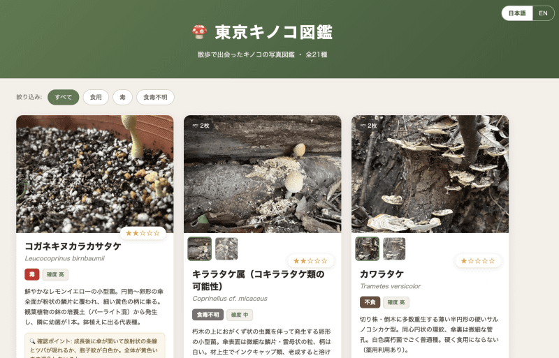 PCで見た画面。縦長の画像のトリミングまでAIに任せてしまったので、残念なことに見切れているキノコもあり、そこが改善点