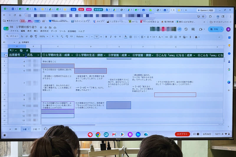 授業の後半には、Google スプレッドシートで互いの振り返りの内容を共有