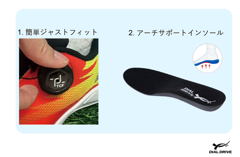 回すだけで簡単に着脱できるダイヤルとアーチサポート形状のインソールを採用