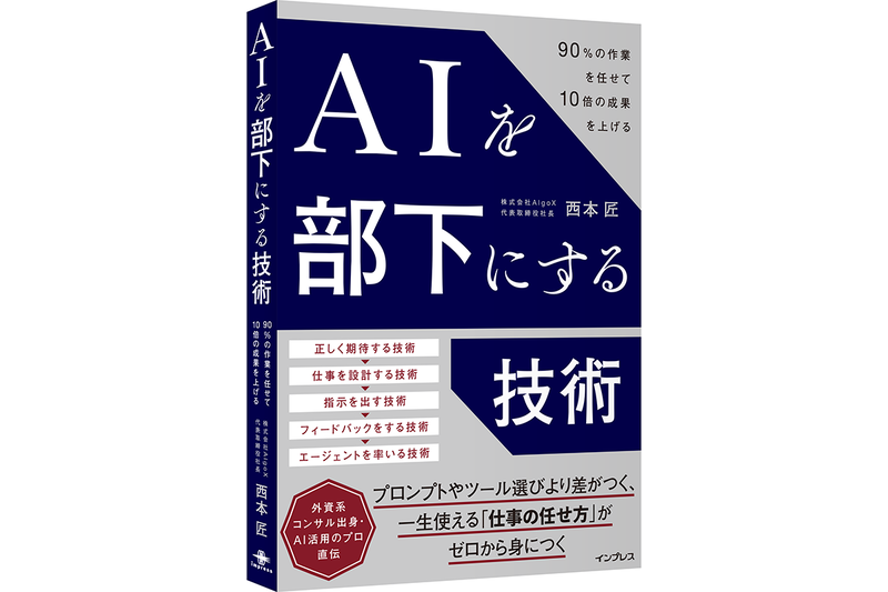 『AIを部下にする技術 90％の作業を任せて10倍の成果を上げる』（著者：西本 匠／発行：株式会社インプレス／出典：株式会社インプレス、以下同じく）