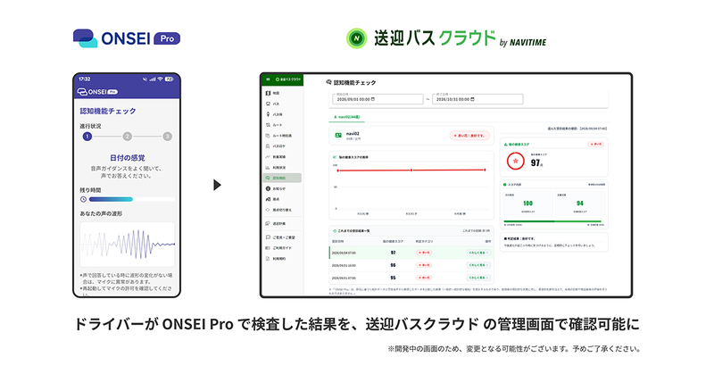 ドライバーがONSEI Proアプリで検査した結果を送迎バスクラウドの管理画面で確認