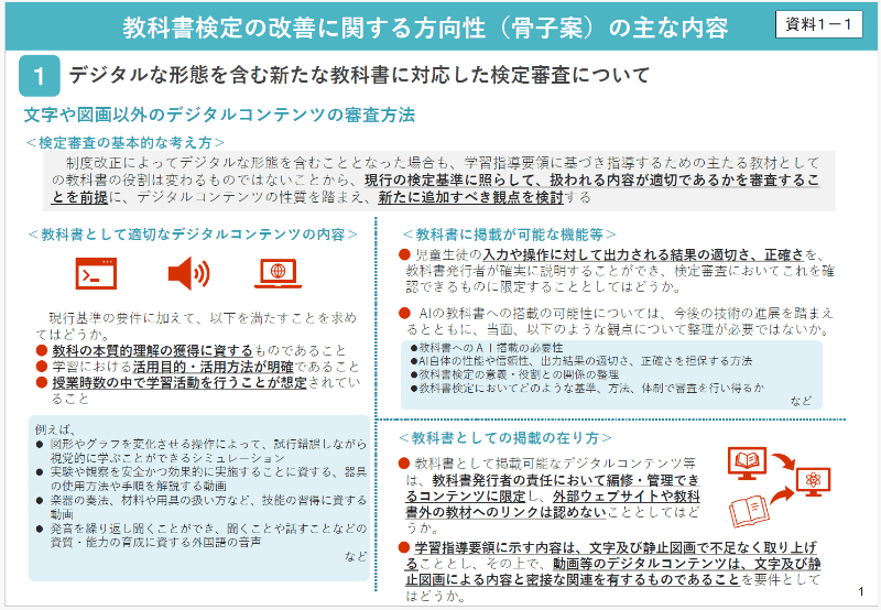文部科学省 令和8年度教科用図書検定調査審議会総括部会が、2026年9月2日に「教科書検定の改善に関する方向性（骨子案）」を公開（出典：<a href=" https://www.mext.go.jp/b_menu/shingi/tosho/016-5/siryo/1414759_00001.htm">文部科学省「令和8年度教科用図書検定調査審議会総括部会（第2回）　配付資料」（2026年9月2日）</a>）