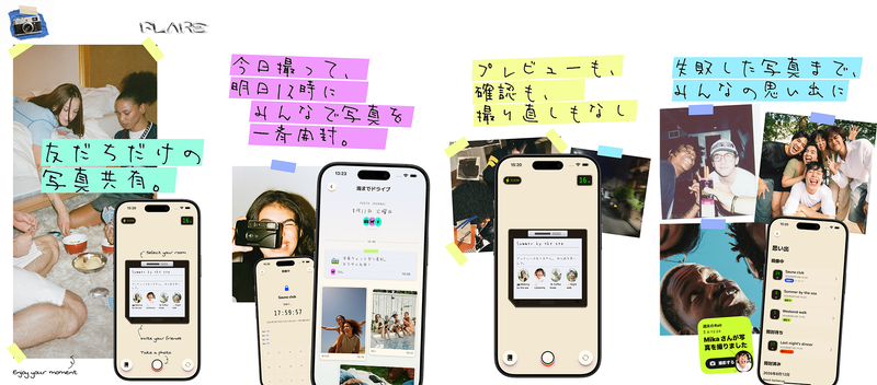 招待した人のみで写真を共有可能で、撮影時のプレビューや取り直しができない仕様