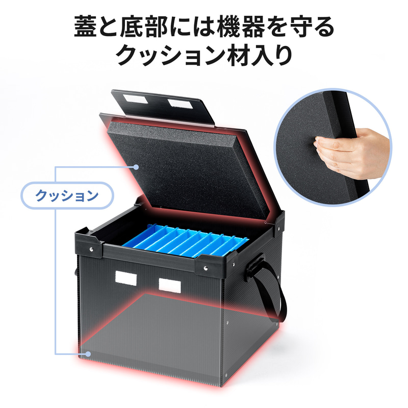 底面とふたの裏側にクッション材を備える