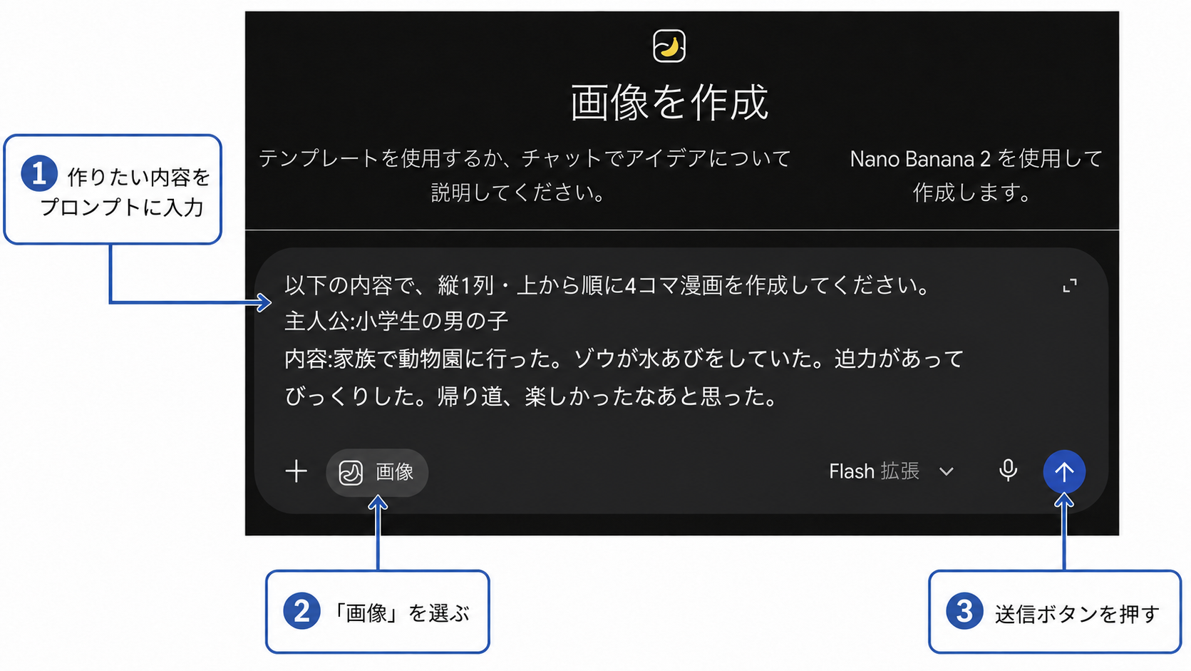 Geminiの「画像を作成」にプロンプトを入力した画面