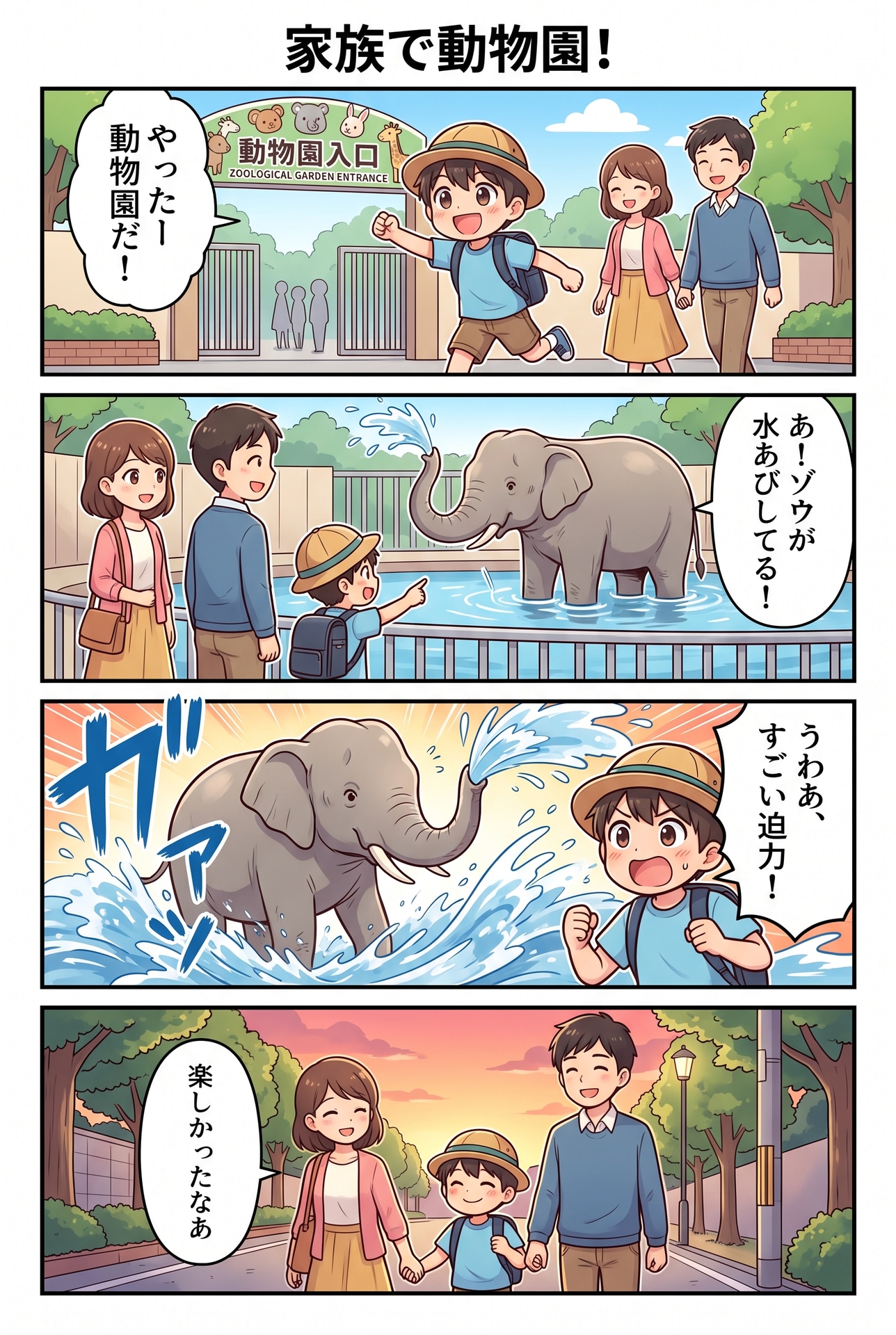 詳しい型で生成した4コマ漫画の例。タイトルまで入る