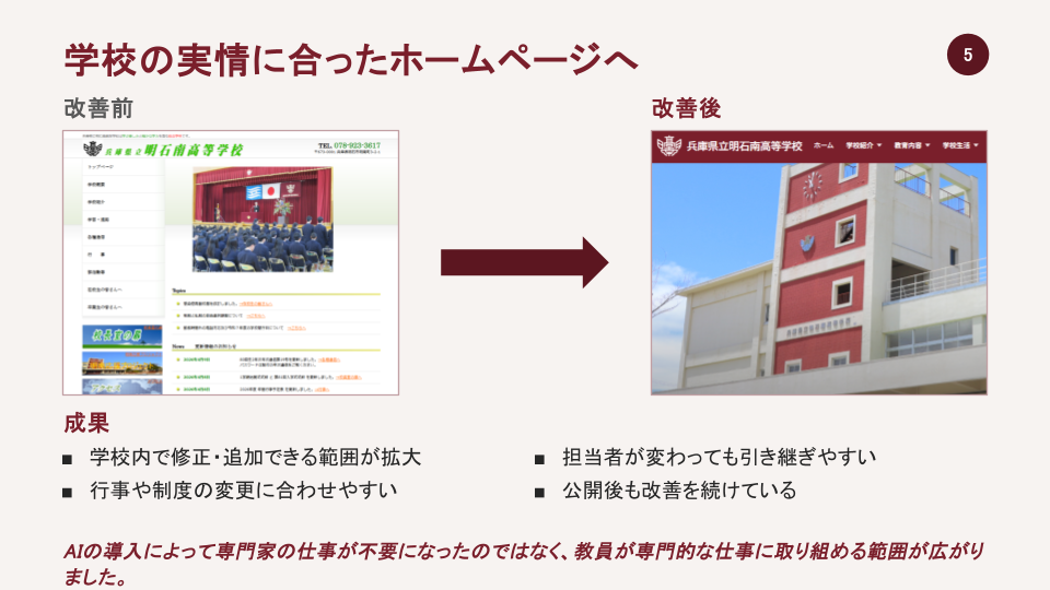 学校のホームページ、改善前と改善後
