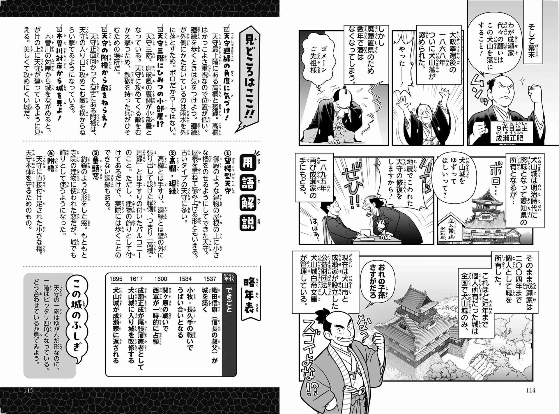 城に関わった人物や出来事をマンガで紹介。城の歴史を人物の物語とあわせて学べる（犬山城）