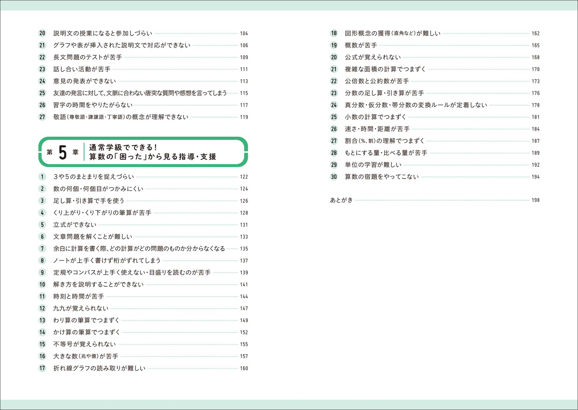 国語27ケース、算数30ケースなど、さまざまな学習上のつまずきに対応する指導・支援を掲載
