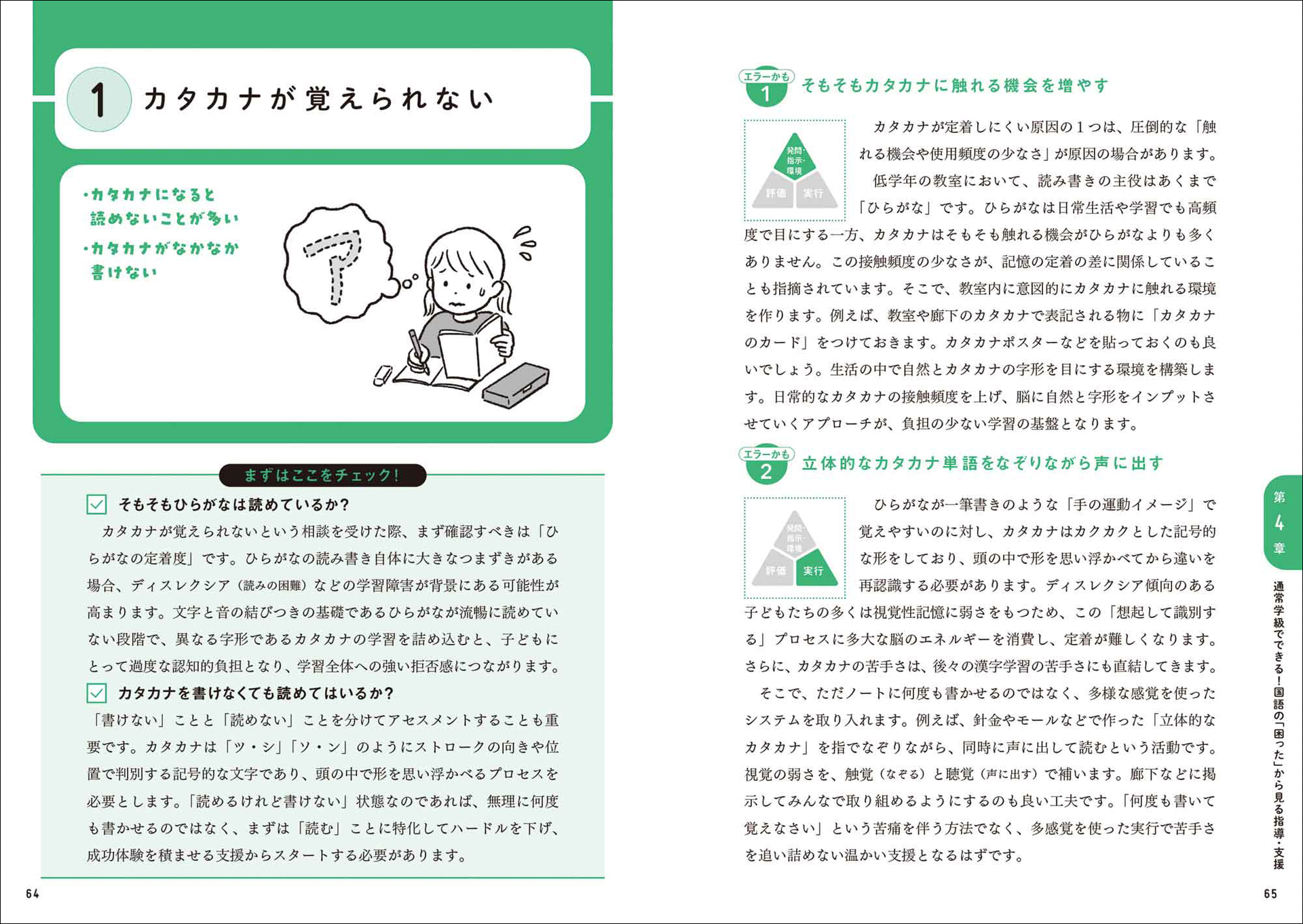 カタカナが覚えられないケースでは、つまずきの状況を確認した上で、カタカナに触れる機会を増やすなどの手立てを紹介