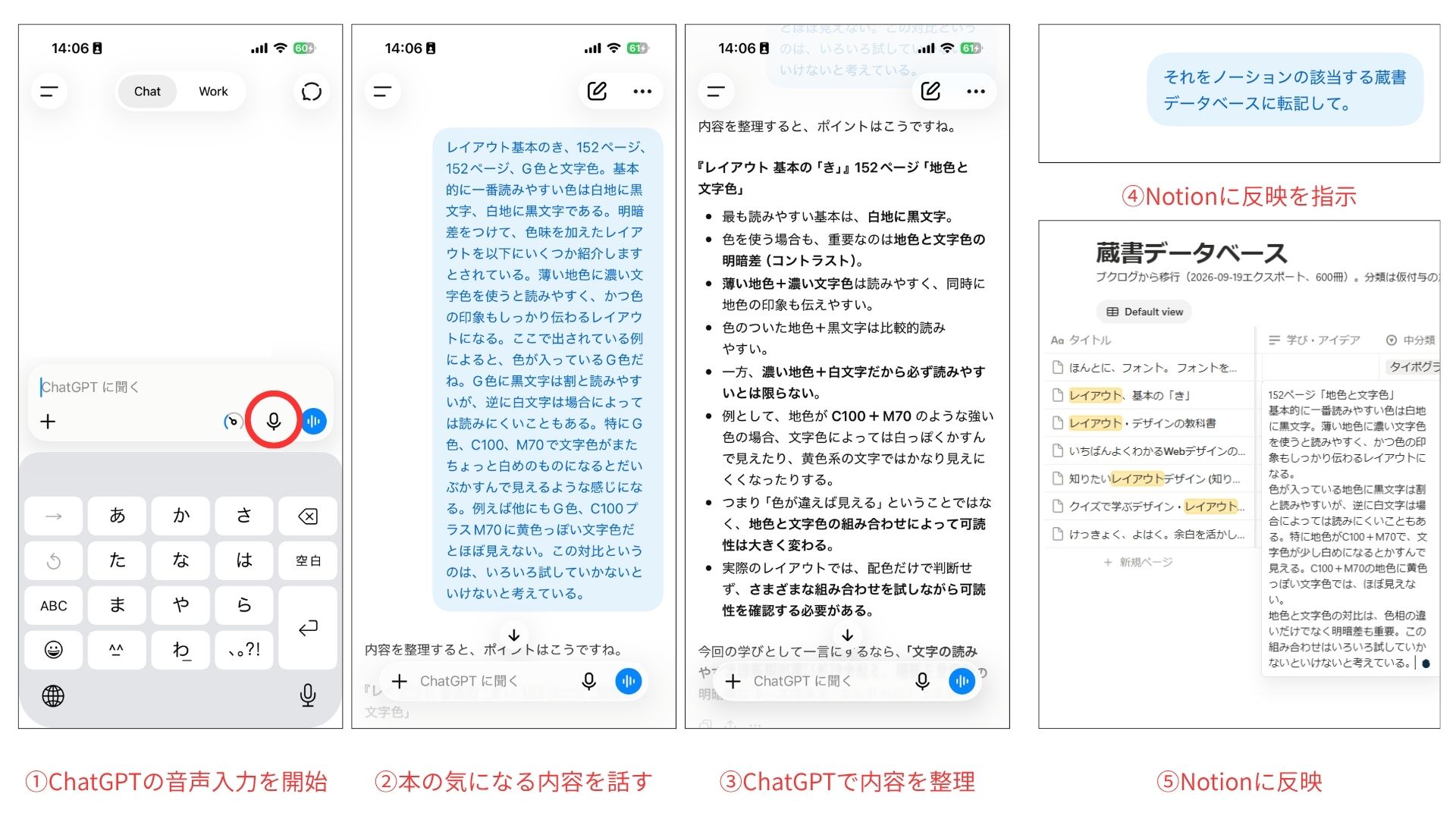 ChatGPTの音声入力で読書中の気づきを整理し、Notionの蔵書データベースへ反映する流れ