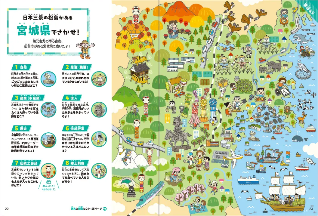 宮城県のページ。日本三景の松島や仙台七夕まつり、伊達政宗、こけしなどを絵さがしで紹介