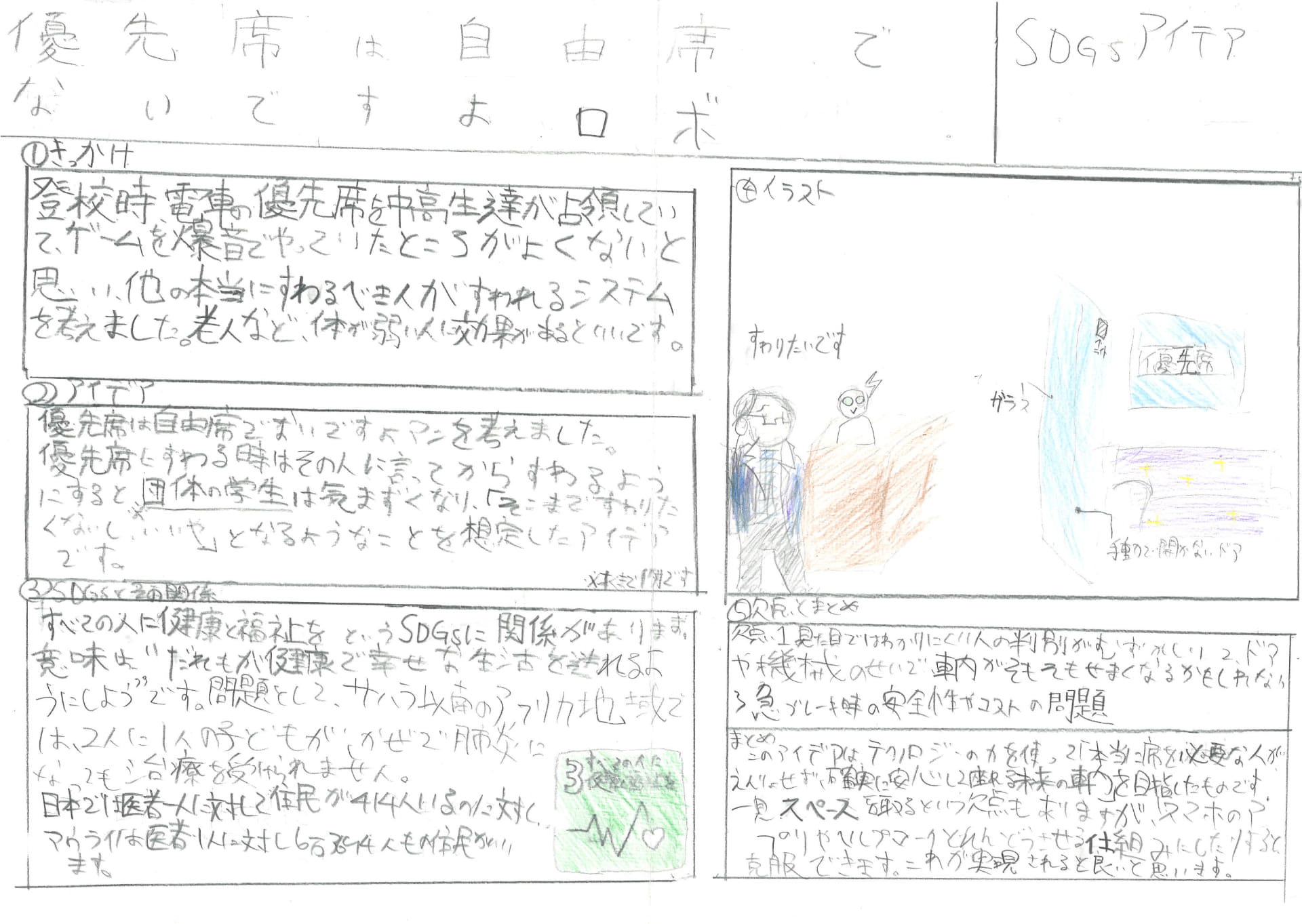 高椋理駆さん（5年）の「優先席は自由席でないですよロボ」