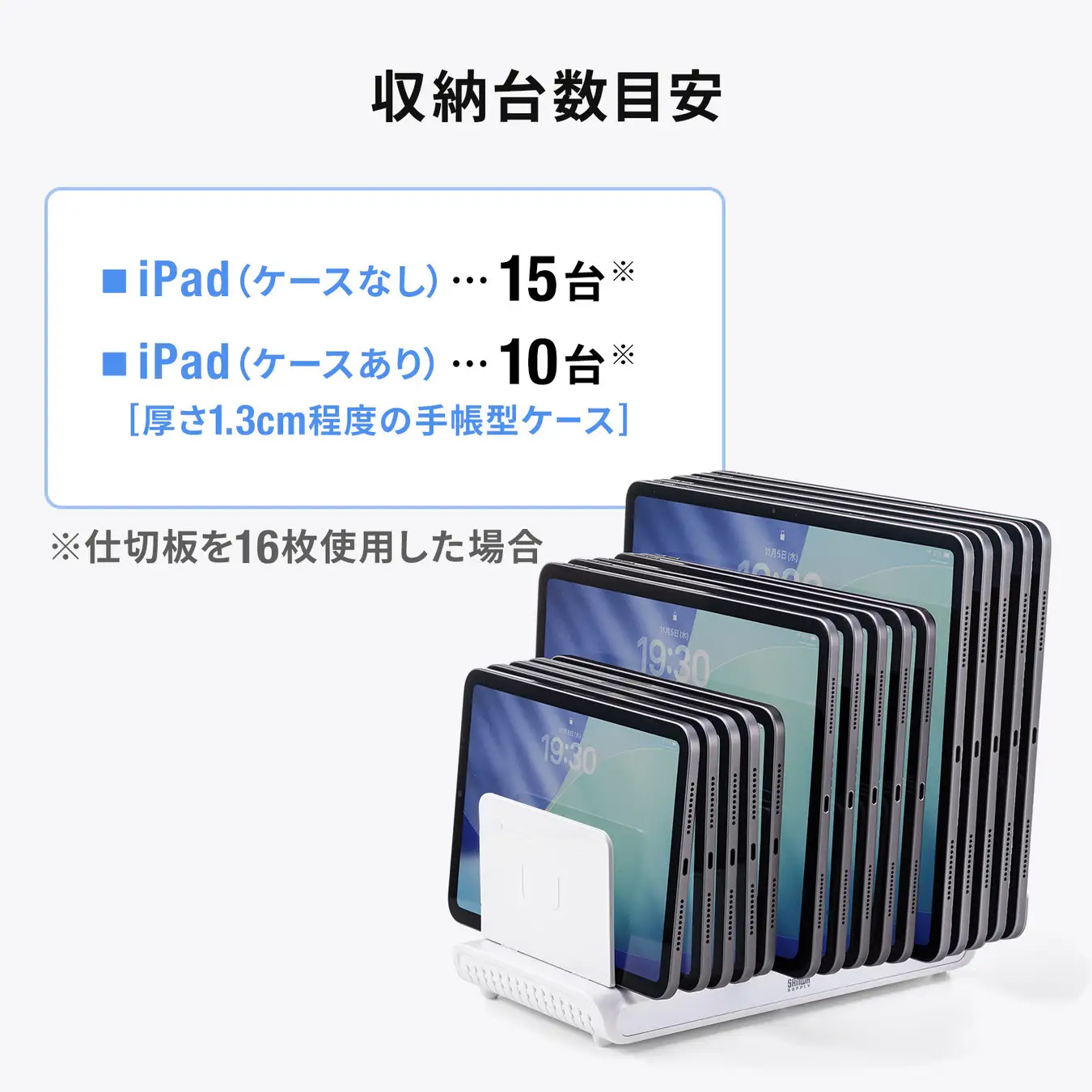 ケースなしのiPadは最大15台まで収納可能