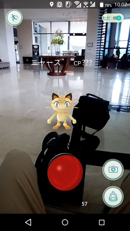 突然ポケモンが出現。タップしてバトルモードへ