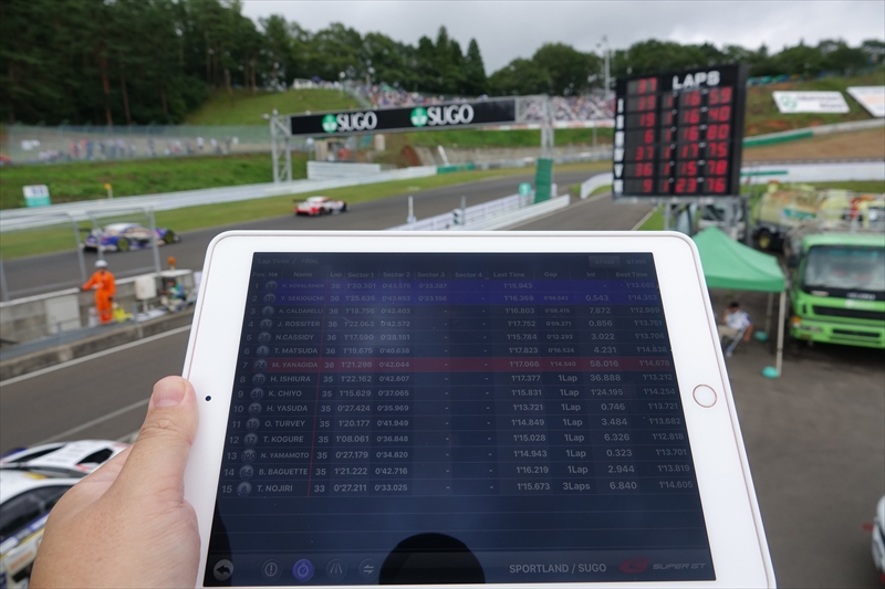 昼間はサーキットでスーパーGTが提供するライブタイミングアプリを活用。サーキットで、全車のタイム差を確認できるのはかなり便利だ