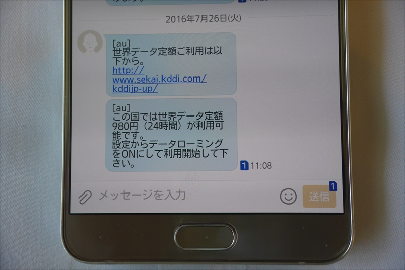 世界データ定額が利用可能となる旨のSMSを受信