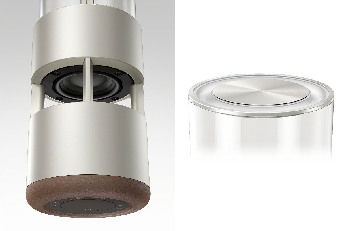 スピーカーとしてはこんな構造です。筒の下端にウーファーが埋め込まれており、上端にパッシブラジエーターがあります。高音は筒から360度周囲に発せられますので、どこにいても定位感にあまり違和感がなく、クリアなサウンドが聞こえます。